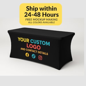 Puede incluir: Una funda de mesa negra con el texto "YOUR CUSTOM LOGO AND CONTACT DETAILS" en amarillo, azul y rojo. También presenta iconos de redes sociales. Una pancarta amarilla en la parte superior dice "Ship within 24-48 Hours" y "FREE MOCKUP MAKING ALL COLORS AVAILABLE."