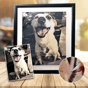 May include: A framed diamond painting of a smiling dog, with a smaller photo of the dog beside it. The painting is in a black frame and sits on a wooden surface. A close-up shows the diamond painting process.