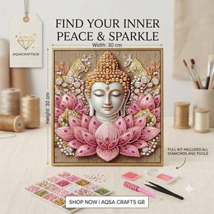 May include: A diamond painting kit featuring a Buddha head surrounded by pink lotus petals and pearls. The square canvas measures 30 cm by 30 cm. The kit includes a tray of colourful diamond beads, a pink applicator tool, and tweezers for assembly.