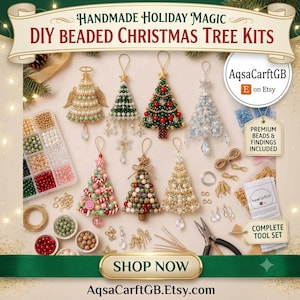 May include: DIY beaded Christmas tree kits featuring various ornaments, including an angel and several tree designs. The set includes a plastic organizer with assorted colored beads, metal findings, wire, pliers, and instructions for assembly.