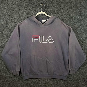 Vintage 90s FILA Hoodie XL Navy Blue Embroidered Logo Pullover Sweatshirt afbeelding 1