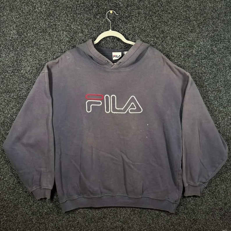 Vintage 90s FILA Hoodie XL Navy Blue Embroidered Logo Pullover Sweatshirt afbeelding 1