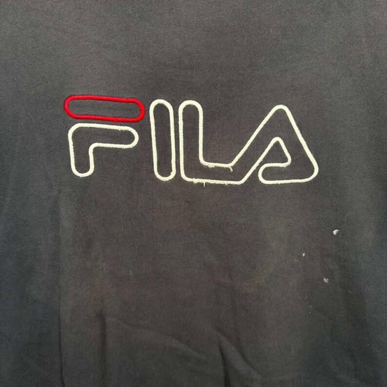 Vintage 90s FILA Hoodie XL Navy Blue Embroidered Logo Pullover Sweatshirt afbeelding 2