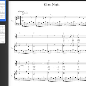 May include: Musical score for "Silent Night" with piano notation. The title is at the top, and the tempo marking is indicated as moderately at 120 beats per minute. The music includes lyrics and chord symbols.