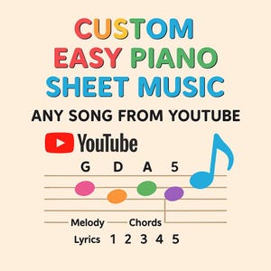 Może przedstawiać: Kolorowa grafika promująca spersonalizowane nuty na fortepian. Tekst brzmi "CUSTOM EASY PIANO SHEET MUSIC" i "ANY SONG FROM YOUTUBE" z logo YouTube. Obecna jest również notacja muzyczna, w tym pięciolinie, nuty oraz słowa "Melody", "Chords" i "Lyrics".