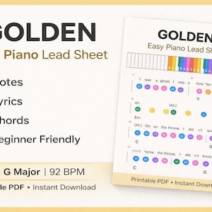 Op de afbeelding: Een afdrukbaar piano lead sheet getiteld "GOLDEN" met songtekst, akkoorden en noten. De bladmuziek staat in G majeur op 92 BPM en is geschikt voor beginners. De tekst "Printbare PDF • Direct downloaden" is ook zichtbaar.