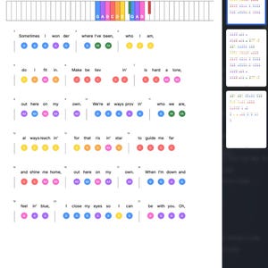 May include: A sheet music page for "Out Here On My Own" in G major, 72 BPM. The page features lyrics with colored circles representing piano keys, and a piano keyboard graphic at the top. The text "Piano Music Visualizer" is at the bottom.