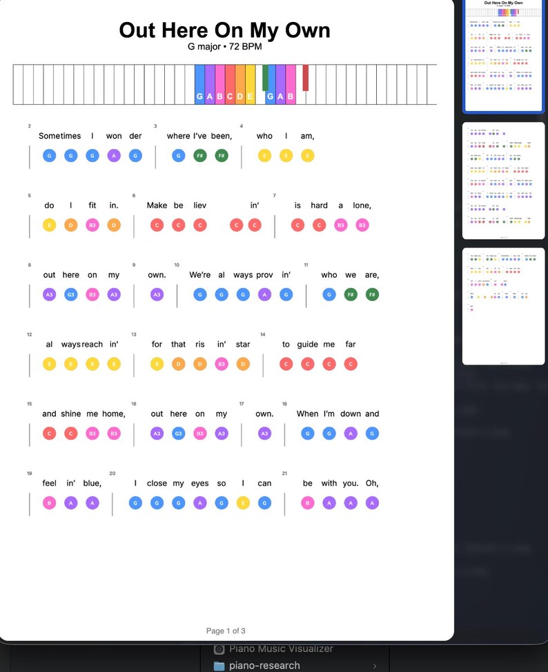 May include: A sheet music page for "Out Here On My Own" in G major, 72 BPM. The page features lyrics with colored circles representing piano keys, and a piano keyboard graphic at the top. The text "Piano Music Visualizer" is at the bottom.