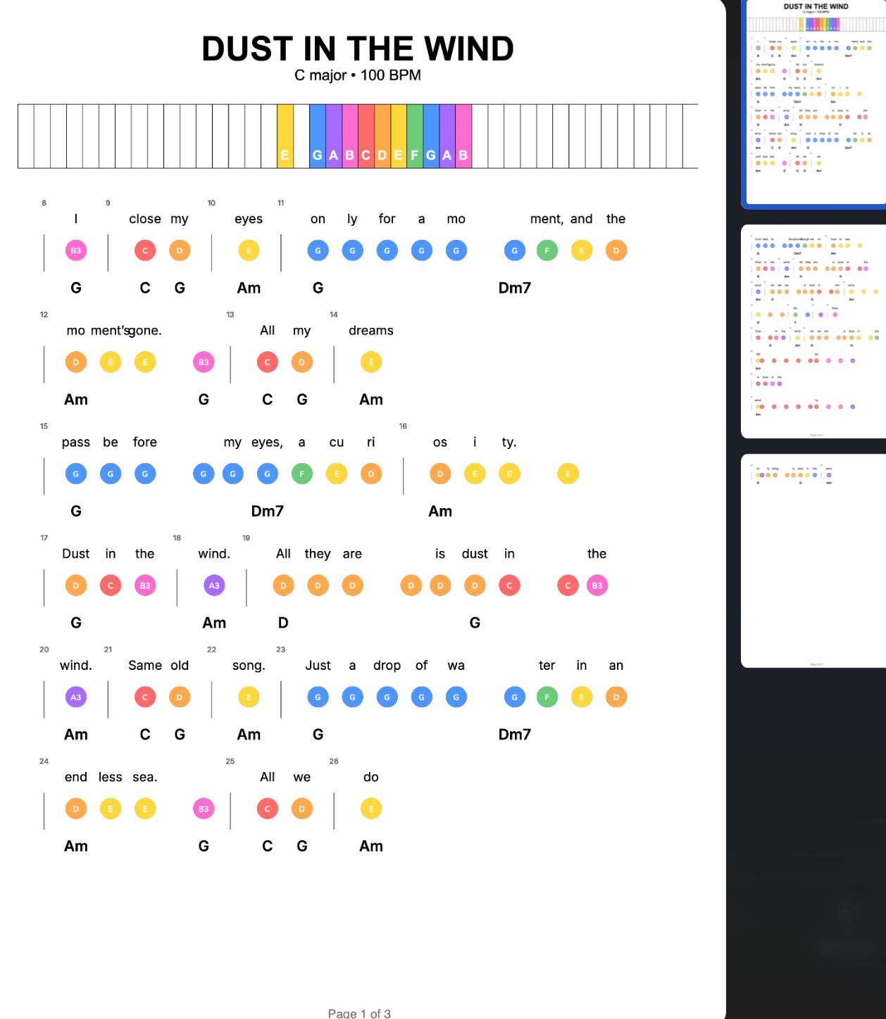 Dust in the Wind – Easy Piano Lead Sheet | Notes + Lyrics + Chords ...