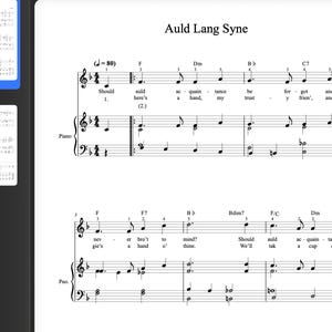 Puede incluir: Partitura musical de la canción "Auld Lang Syne". La partitura incluye partes de piano y voz, con letras y notación musical. El título está en la parte superior, y el tempo se indica como (J=80).