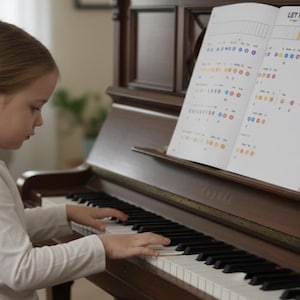May include: A young person playing a Yamaha piano. Sheet music with the title "LET IT BE" is open on the music stand. The sheet music has colorful dots and lines. The piano is brown with black and white keys.