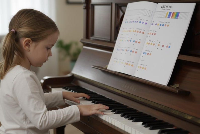 May include: A young person playing a Yamaha piano. Sheet music with the title "LET IT BE" is open on the music stand. The sheet music has colorful dots and lines. The piano is brown with black and white keys.