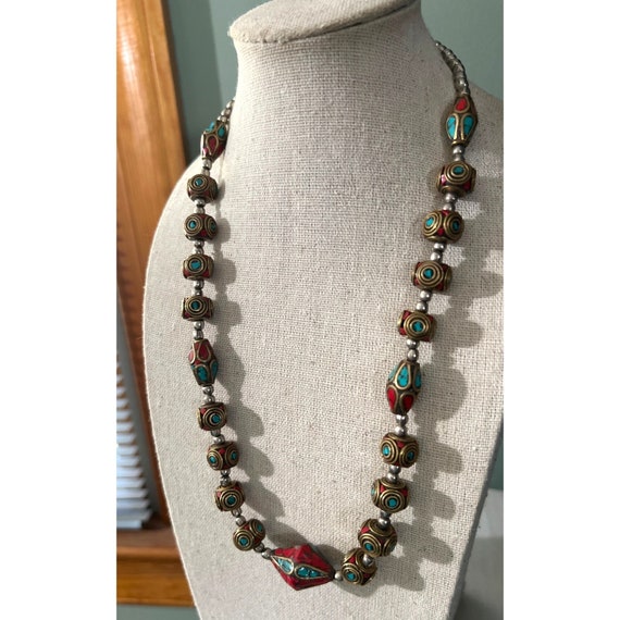 Nepalese Coral & Turquoise Brass Bead Necklace - image 4