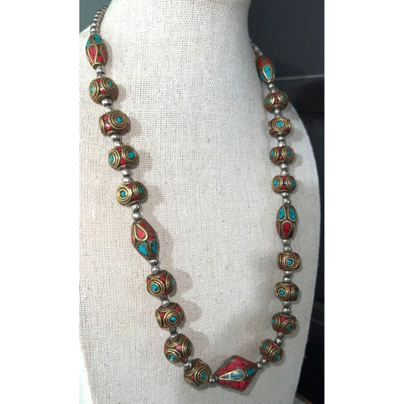 Nepalese Coral & Turquoise Brass Bead Necklace - image 6