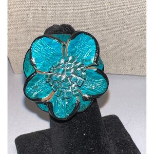 Artisan Teal Leather Flower Seed Bead Ring -- 6