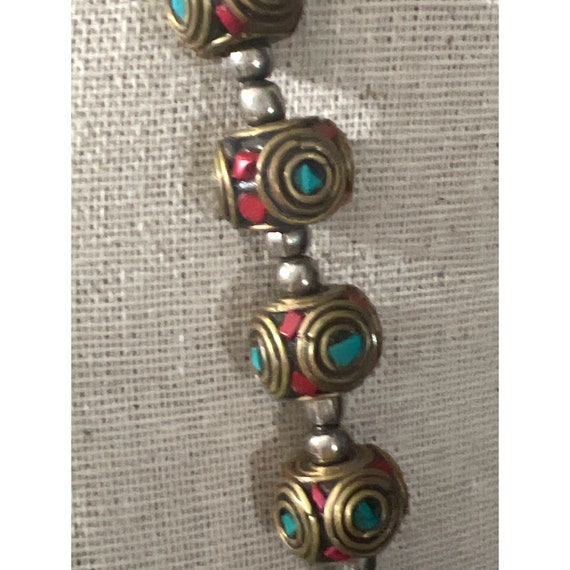 Nepalese Coral & Turquoise Brass Bead Necklace - image 8