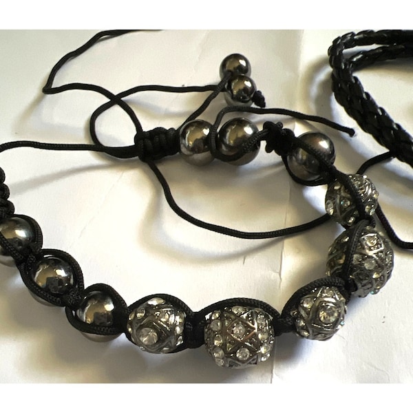 Black Shamballa Bracelet & 2 Braided Leather Bracelets