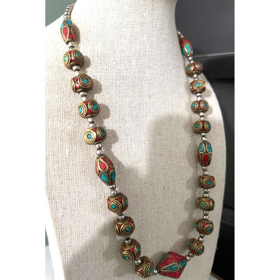 Nepalese Coral & Turquoise Brass Bead Necklace - image 5