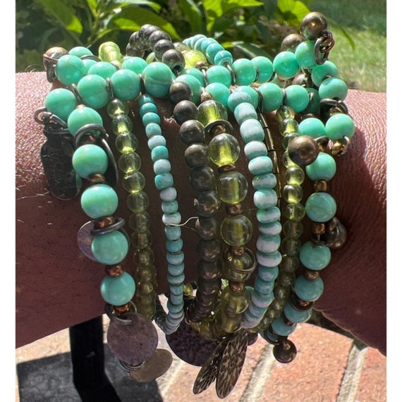 Green Bohemian Multi Strand Wire Bracelet -- 9" - image 1