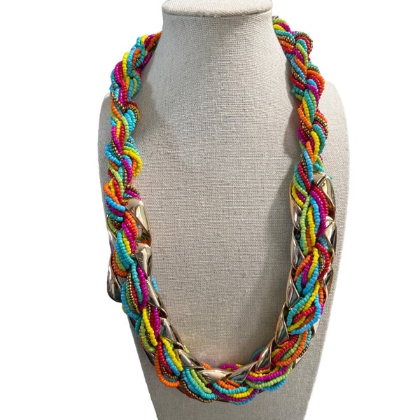 Double Strand Multi-Color Seed Bead And Metal Necklace -- 24"
