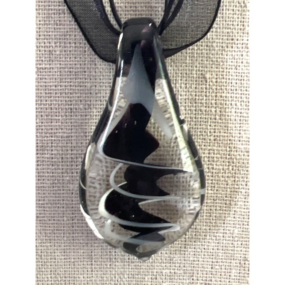 Black Dichroic Spiral Glass Pendant Necklace -- 18