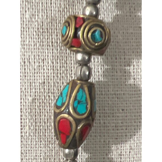 Nepalese Coral & Turquoise Brass Bead Necklace - image 9