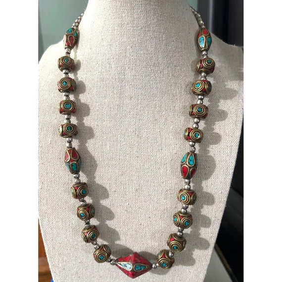 Nepalese Coral & Turquoise Brass Bead Necklace - image 1