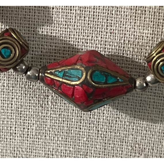 Nepalese Coral & Turquoise Brass Bead Necklace - image 3