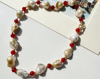 Nature Baroque Pearls Red Agate Necklace, Jewelry, Gift for ger