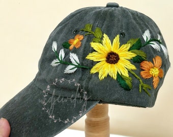 Casquette fleur de soleil personnalisée Casquette florale brodée à la main Chapeau adulte motif de broderie Chapeau personnalisé Chapeau d'été Cadeaux d'anniversaire pour elle