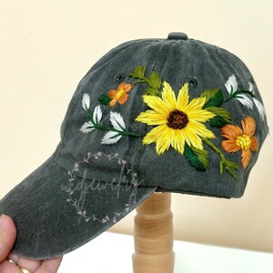 Custom Sun Flower Cap Floral Hand Embroidered Cap Adult Hat Embroidery Design Customized Hat Summer Hat Birthday Gifts For Her