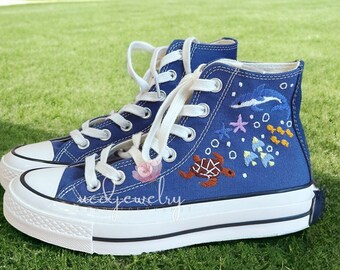 Personalized Sea Embroidery Chuck Taylor High Top Embroidery Ocean Shoes High Top Custom Handmade Embroidered Sneakers Gift for Her