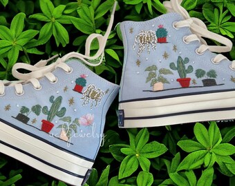 Personalize Leaves Embroidery Shoes, Converse Planets Embroidery Chuck Taylor High Top Canvas Shoes Valentine Day Gifts For Her