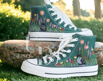 Fleurs de broderie faites à la main personnalisées Chat noir Converse Chuck Taylor Brodé personnalisé Fleurs pour animaux de compagnie Converse Chaussures de mariage Cadeaux Saint-Valentin