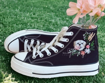Personalized Embroidery Dogs Flowers Sneaker Chuck Taylor High Top Embroidery Shoes High Top Custom Dogs Embroidered Sneakers Gift