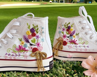 Sneakers brodées personnalisées Sweet Daisy Flowers Chuck Taylor Chaussures montantes brodées Baskets montantes brodées fleurs personnalisées