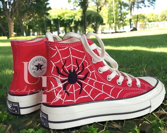 Custom Hand Embroidery Spider Man Converse High Tops 1970s Embroidery Spider Web Converse High Neck Christmas Converse High Top