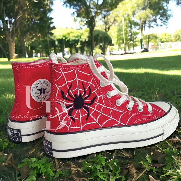 Custom Hand Embroidery Spider Man Converse High Tops 1970s Embroidery Spider Web Converse High Neck Christmas Converse High Top