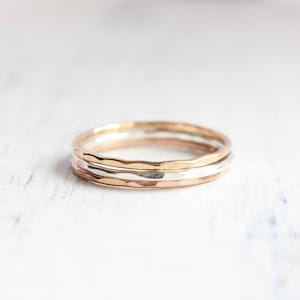 Hammered gold and silver fine stacking rings, solid 14k gold, solid 14k rose gold, sterling silver, eco friendly, size 4 to 9