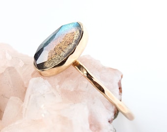 Rose cut labradorite 14k rose gold ring, solitaire labradorite, solid 14k gold labradorite ring, big ring, asymmetrical, custom ring