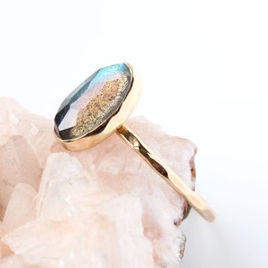 Rose cut labradorite 14k rose gold ring, solitaire labradorite, solid 14k gold labradorite ring, big ring, asymmetrical, custom ring