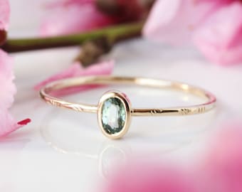 Tiny green sapphire & 14k gold ring, sapphire engagement ring, modern bride, anniversary, September birthstone, oval sapphire, rose gold