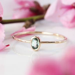 Tiny green sapphire & 14k gold ring, sapphire engagement ring, modern bride, anniversary, September birthstone, oval sapphire, rose gold