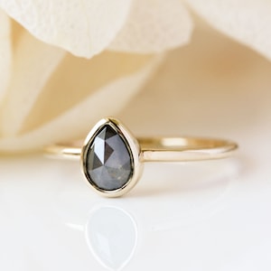 Pear diamond engagement 14k rose gold ring, custom rose cut grey diamond ring, wedding, alternative bride, fancy color solitaire birthstone