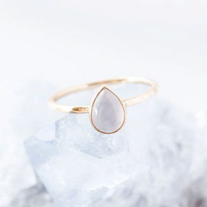 Teardrop Blue Chalcedony Gold Ring, solitaire ring, pastel blue, pear cut ring, blue gemstone ring, bezel set ring, stackable ring, cabochon image 2