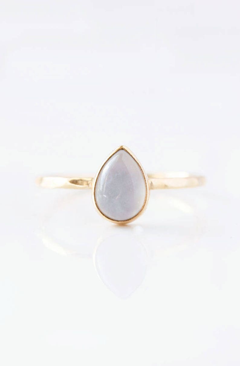 Teardrop Blue Chalcedony Gold Ring, solitaire ring, pastel blue, pear cut ring, blue gemstone ring, bezel set ring, stackable ring, cabochon image 3