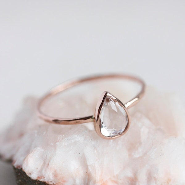 White topaz pear cut engagement ring, rose gold, yellow gold, white gold, teardrop, delicate, eco friendly