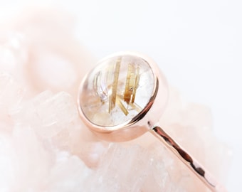 Golden rutilated quartz ring, 14k rose gold rutilated quartz ring, solid yellow gold rutilated quartz engagement ring, unique, stack ring