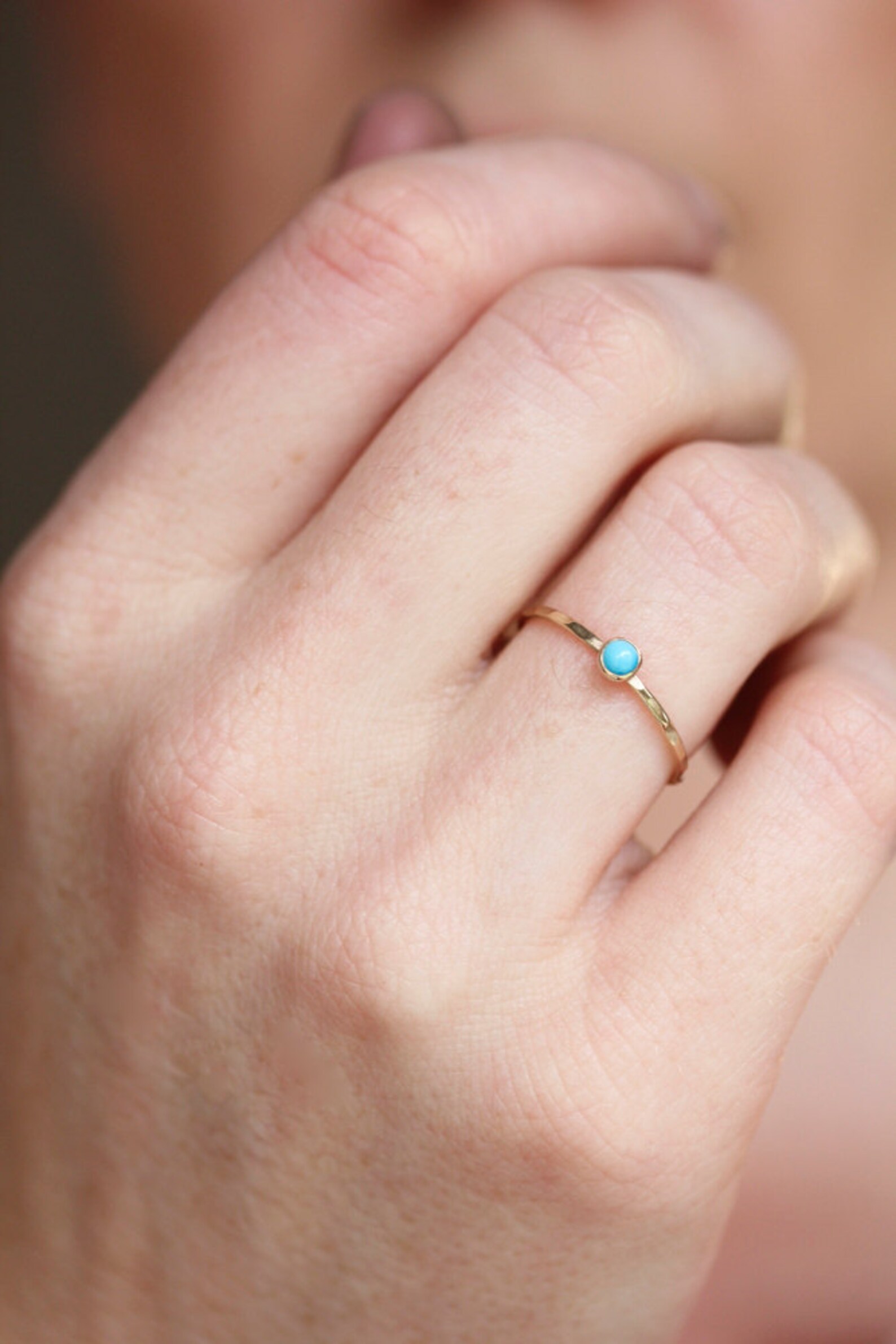 Turquoise Gold Ring, Stackable Birthstone Ring, 14k Gold, December