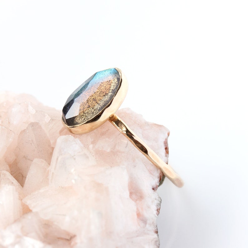 Rose cut labradorite 14k rose gold ring, solitaire labradorite, solid 14k gold labradorite ring, big ring, asymmetrical, custom ring image 1